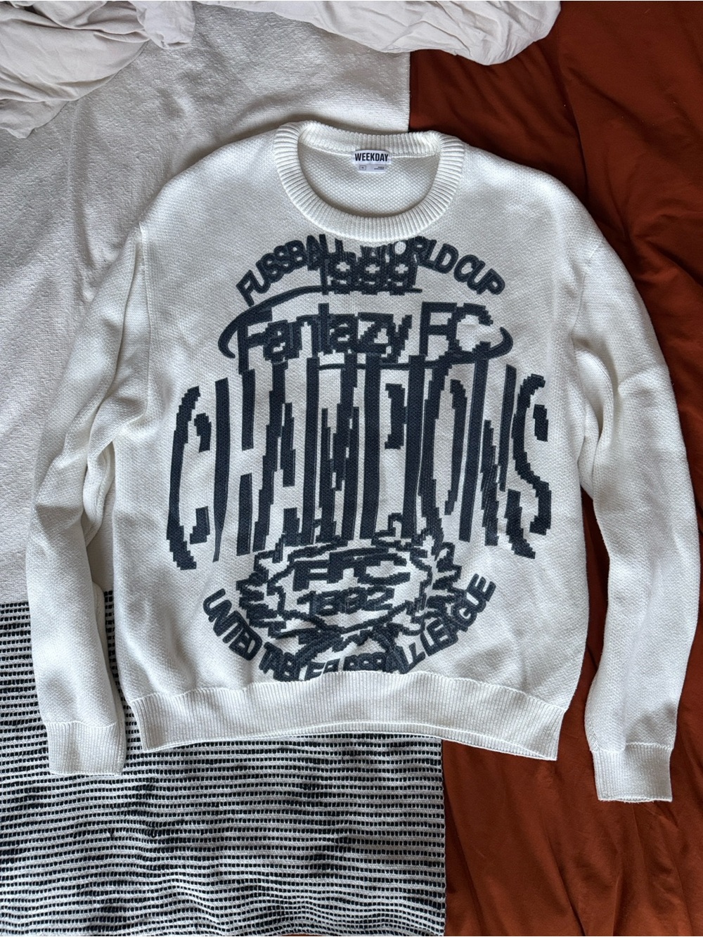 Weekday White Crewneck Graphic 'Champions' Sweater